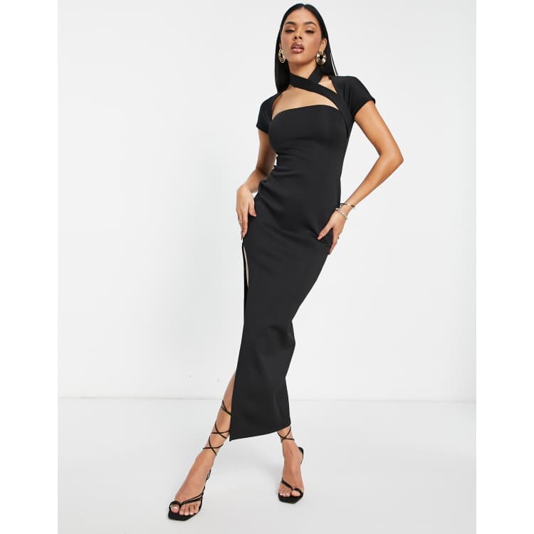 black choker cut out dress Black Cut Out Choker Cross Over Bodycon Dress