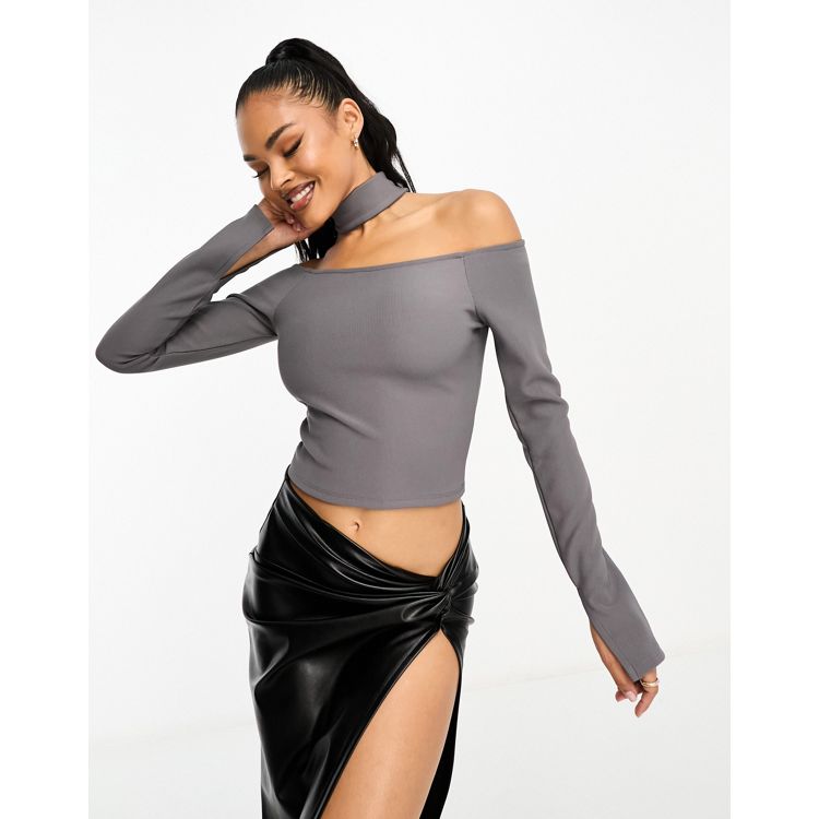 ASOS DESIGN long sleeve off shoulder crop top with skinny straps