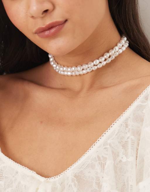 ASOS DESIGN - Choker-halskæde med imiterede ferskvandsperler i to lag