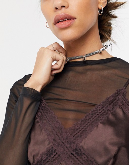 ASOS DESIGN choker necklace in flat snake chain with spikes in silver tone