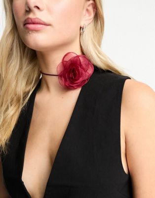 ASOS DESIGN choker necklace with corsage detail in burgundy