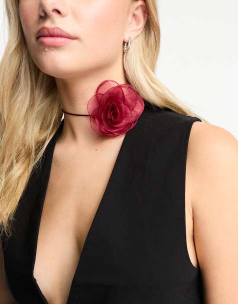 ASOS DESIGN choker necklace with corsage detail in burgundy - view 1