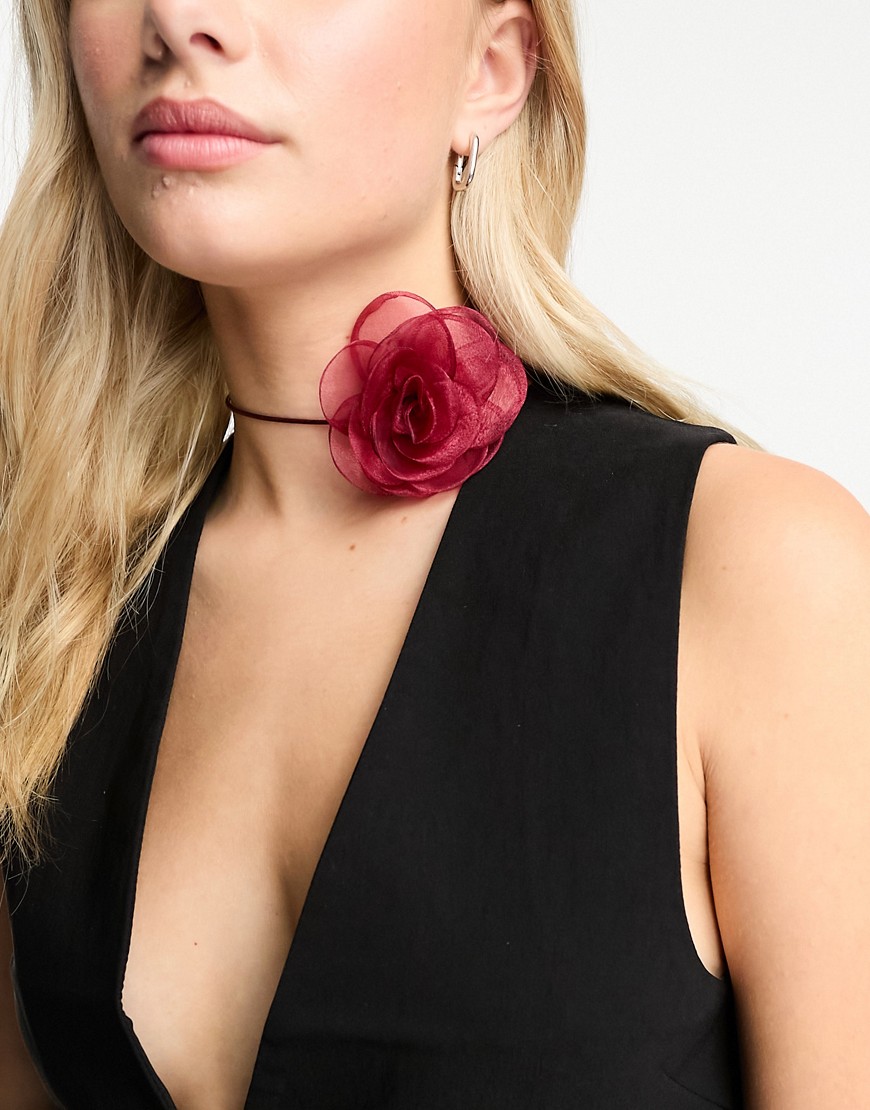 Asos Design Choker Necklace With Corsage Detail In Burgundy-red
