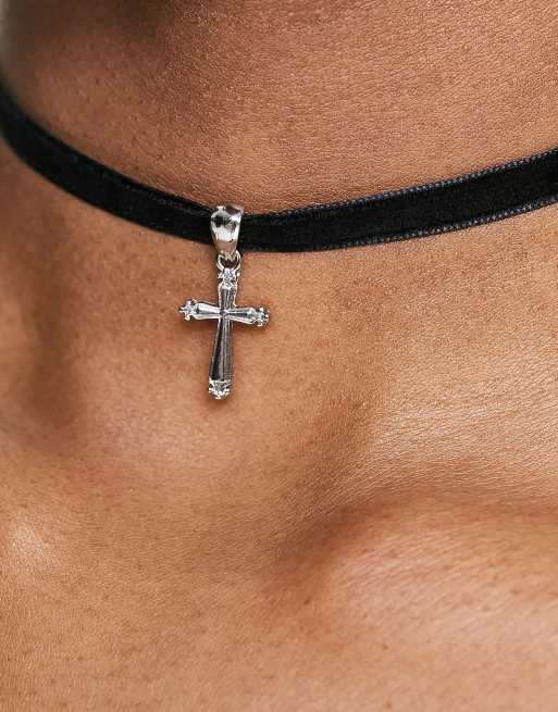 ASOS DESIGN choker necklace with cross pendant in black velvet