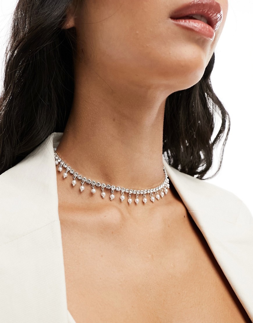 ASOS DESIGN choker necklace with crystal cupchain and faux pearl design in silver tone