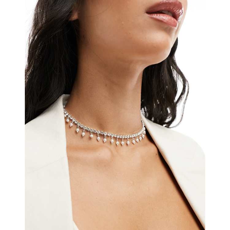 ASOS DESIGN choker necklace with crystal cupchain and faux pearl design in  silver tone