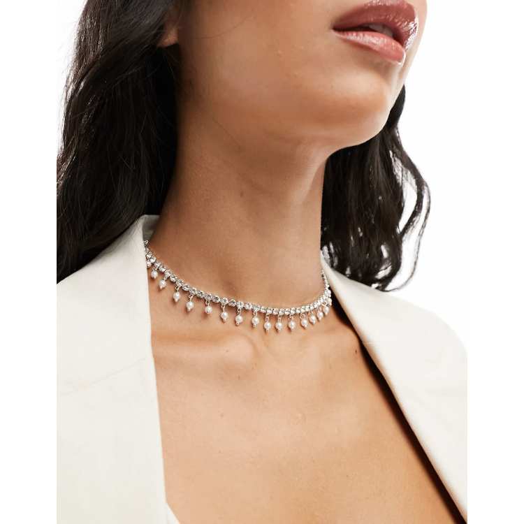 ASOS DESIGN choker necklace with crystal cupchain and faux pearl