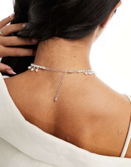 ASOS DESIGN choker necklace with crystal cupchain and faux pearl design in silver tone ASOS
