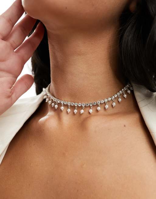 ASOS DESIGN choker necklace with crystal cupchain and faux pearl design in silver tone, 4 of 4