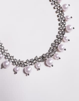 Asos Design Choker Necklace With Crystal Cupchain And Faux Pearl Design