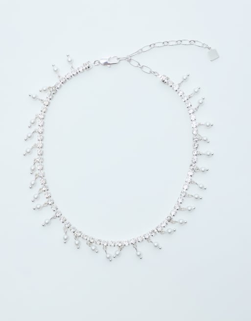 ASOS DESIGN choker necklace with crystal cupchain and faux pearl design in silver tone, 3 of 4