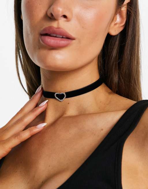 ASOS DESIGN choker necklace with faux pearl heart pendant design in black  velvet