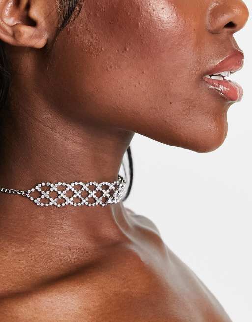 ASOS DESIGN choker necklace with crystal weave design in silver