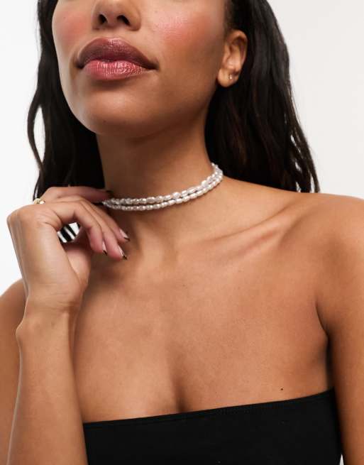 ASOS Design 2 Pack Layered Crystal Tennis Chain and Faux Pearl Necklace-Silver