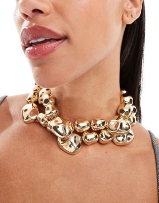 Asos Design Choker Necklace With Double Row Molten Beads Design In Gold Tone In Multi