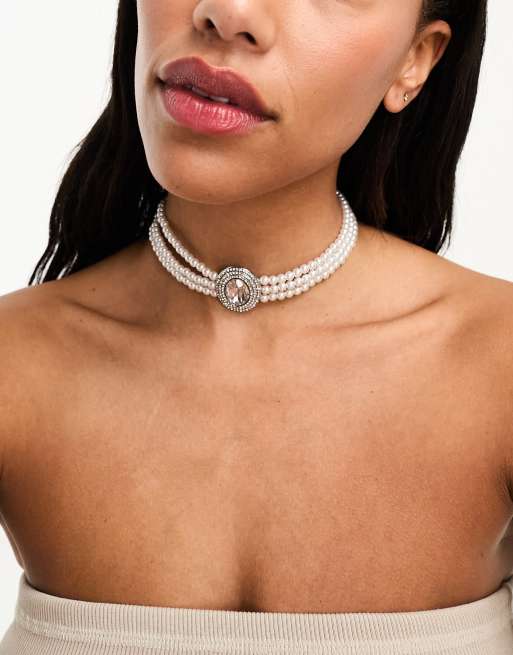 ASOS DESIGN choker necklace with lace and ribbon design in black