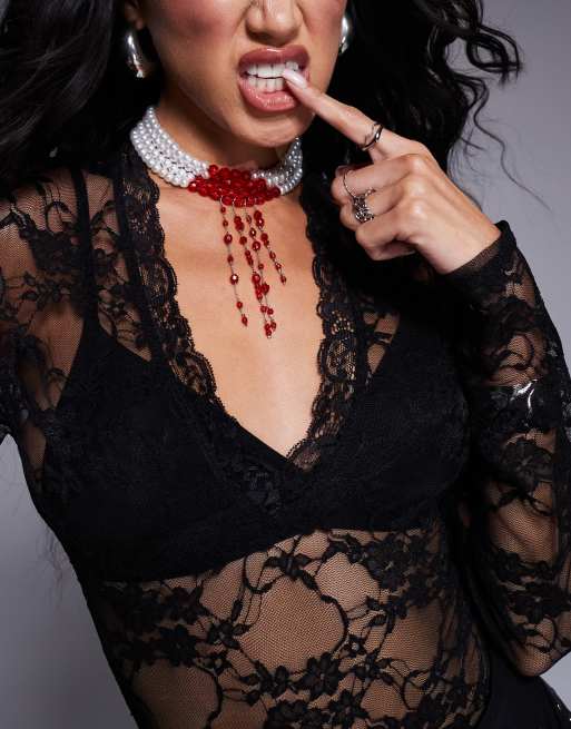 ASOS DESIGN choker necklace with faux pearl and red bead design, 2 of 4