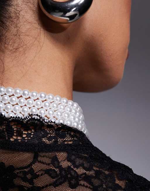 ASOS DESIGN choker necklace with faux pearl and red bead design, 3 of 4
