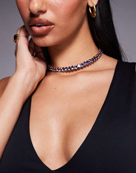ASOS DESIGN choker necklace with faux purple sparkly crystal detail in gold tone - view 1
