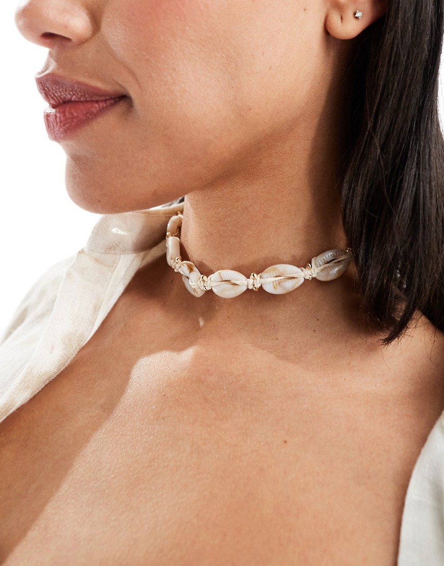 Asos Design Choker Necklace With Faux Shell Design In Neutral-white