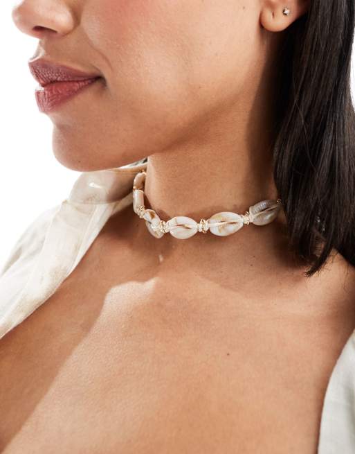  ASOS DESIGN choker necklace with faux shell design in neutral 