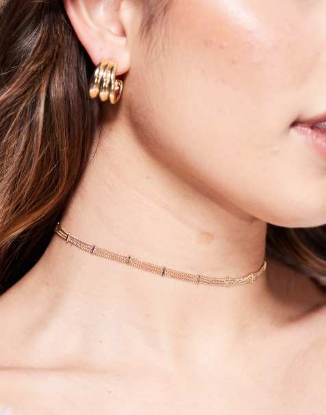 ASOS DESIGN choker necklace with fine chain and dash detail in gold tone - view 1