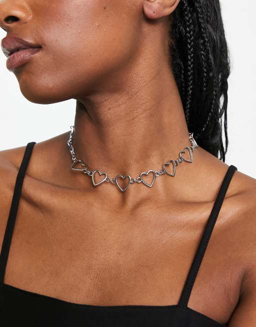 Heart choker necklace deals silver