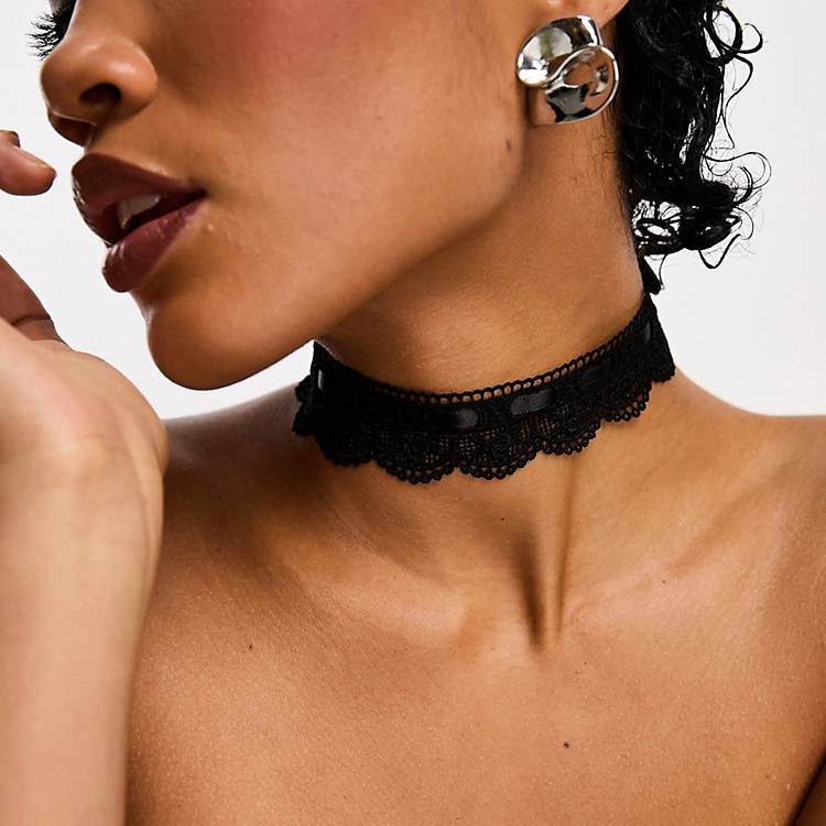 ASOS Design Choker Necklace with Lace and Ribbon Design in Black