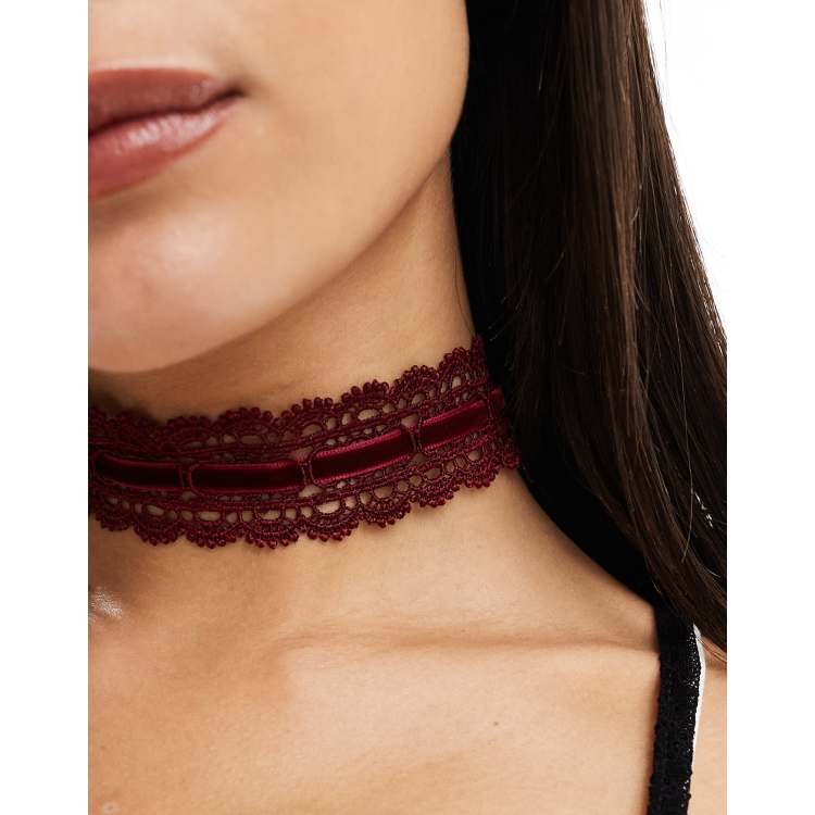 ASOS DESIGN choker necklace with lace and velvet detail in burgundy ASOS