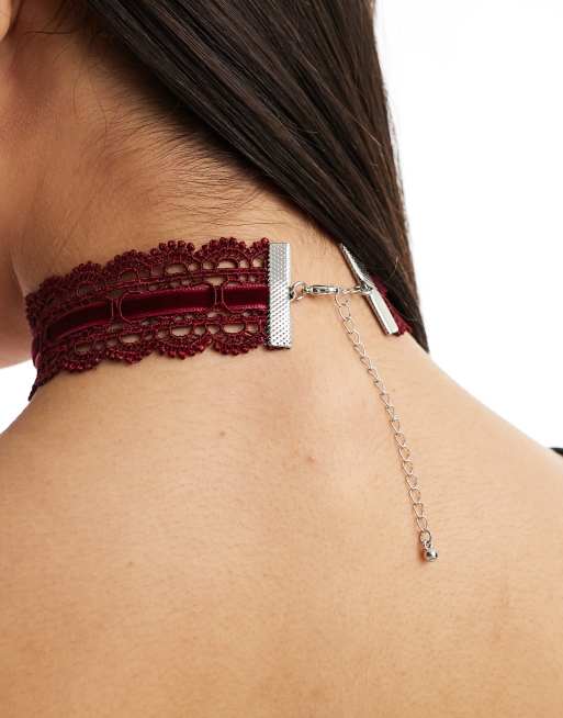 ASOS DESIGN choker necklace with lace and velvet detail in burgundy