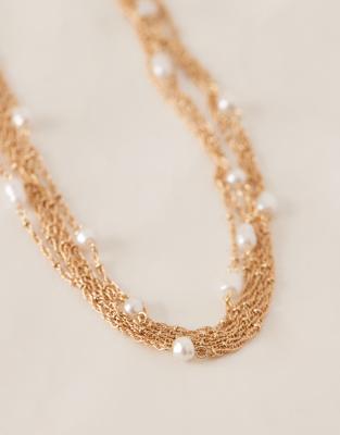 Asos Design Choker Necklace With Multi-row Chains And Faux Pearls In Gold