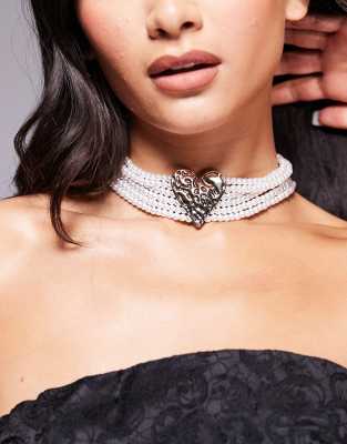 ASOS DESIGN choker necklace with multi strand faux pearl and heart detail-Gold