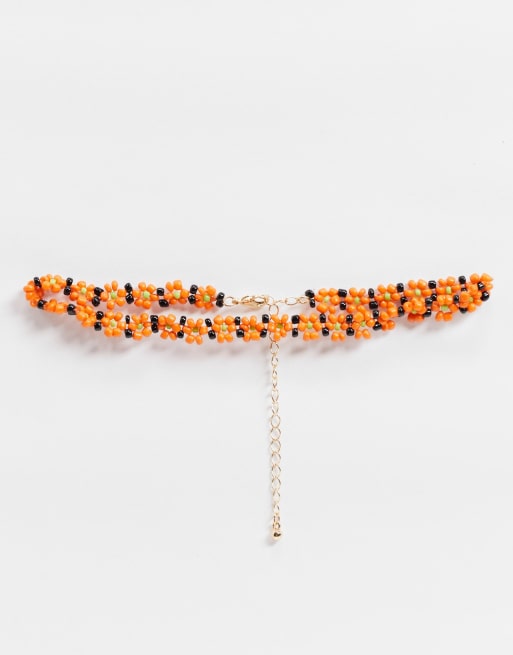 ASOS DESIGN choker necklace with orange flower beads