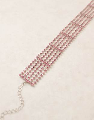 Asos Design Choker Necklace With Pink Diamante In Pink