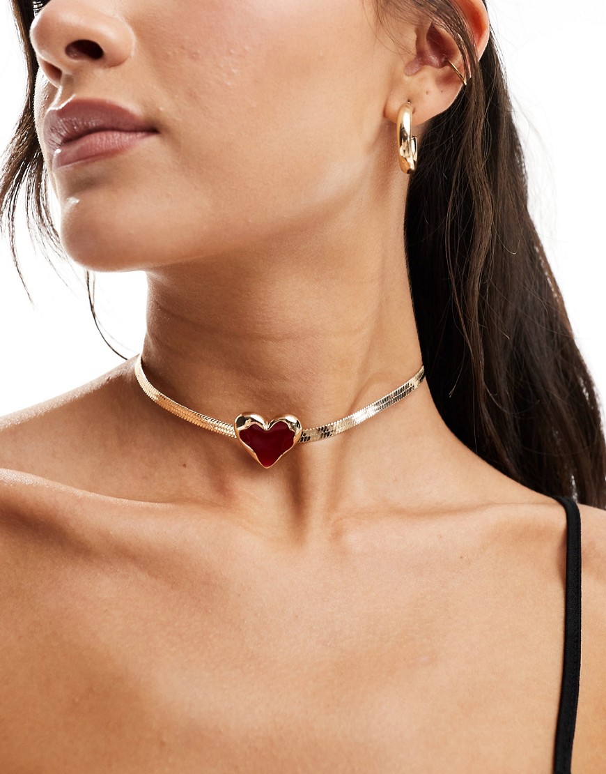 ASOS DESIGN choker necklace with red heart and snake chain design in gold tone