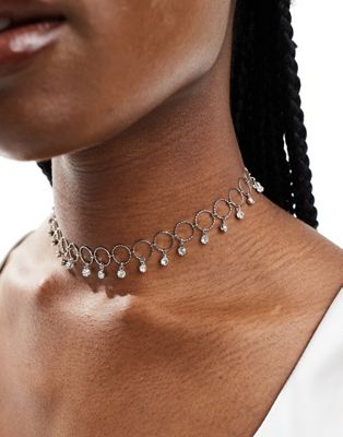 Asos Design Choker Necklace With Ring And Crystal Drops In Silver Tone In Metallic