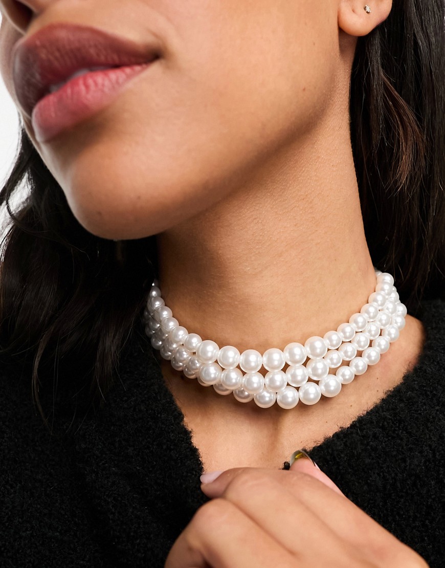ASOS DESIGN choker necklace with triple row faux pearl design-White