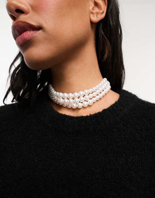 ASOS DESIGN choker necklace with faux pearl heart pendant design in black  velvet