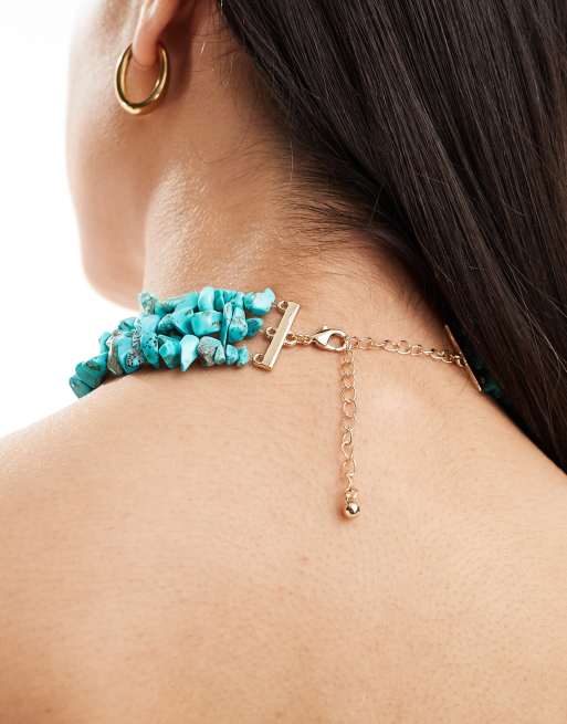 ASOS DESIGN choker necklace with triple row semi precious style turquoise bead design, 3 of 4