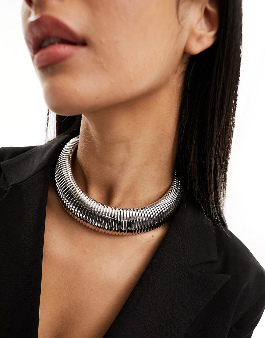 ASOS DESIGN choker necklace with wide textured design in silver tone