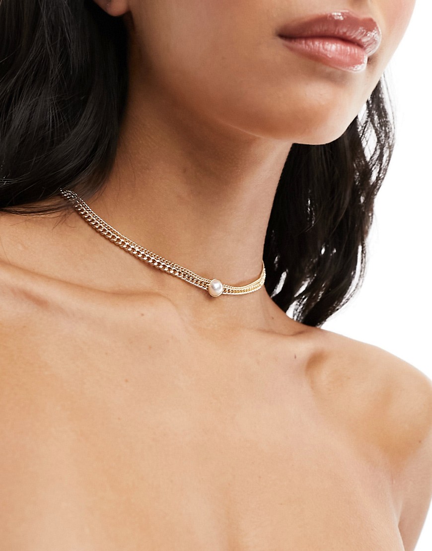 ASOS DESIGN choker with double row curb chain and faux pearl detail in gold tone