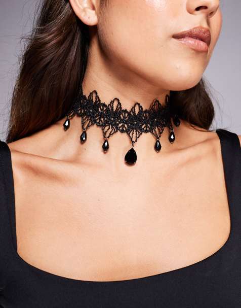 ASOS DESIGN choker with lace details and faux stone pendants in black - view 1