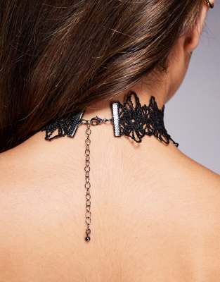 Asos Design Choker With Lace Details Faux Stone Pendants In Black