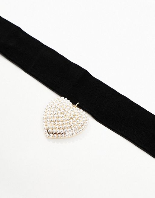 ASOS DESIGN choker necklace with faux pearl heart pendant design in black  velvet