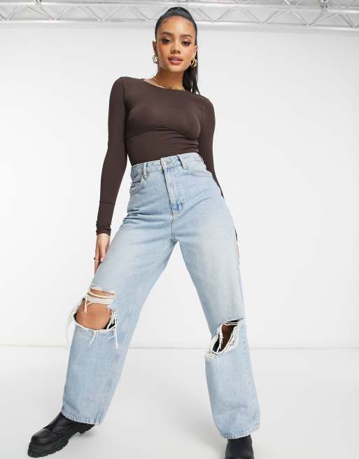 ASOS DESIGN – Chokladbrum långärmad body med korsettsöm under bysten, 4 av 4