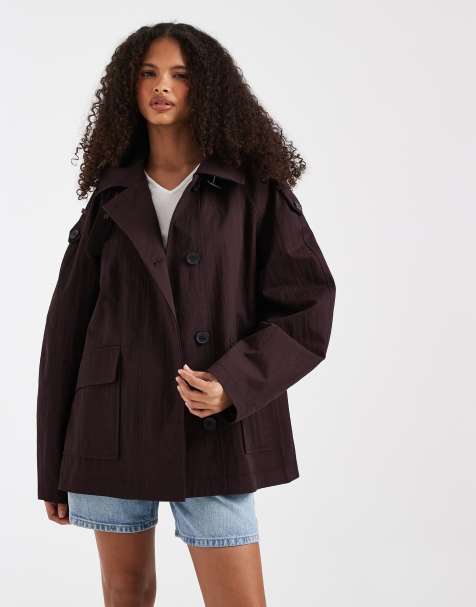 ASOS DESIGN – Chokladbrun, a-linjeformad, kort trenchcoat med ståkrage - view 1