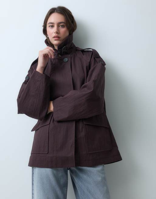 ASOS DESIGN – Chokladbrun, a-linjeformad, kort trenchcoat med ståkrage, 5 av 5