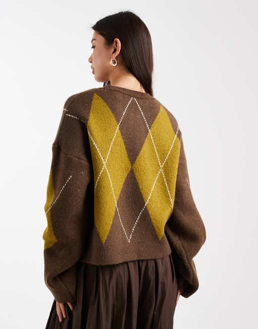 ASOS DESIGN – Chokladbrun, argylestickad, fluffig tröja, 2 av 4