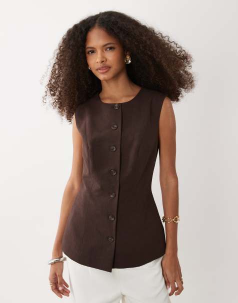 ASOS DESIGN – Chokladbrun, ärmlös topp i linnemix med knäppning - view 1