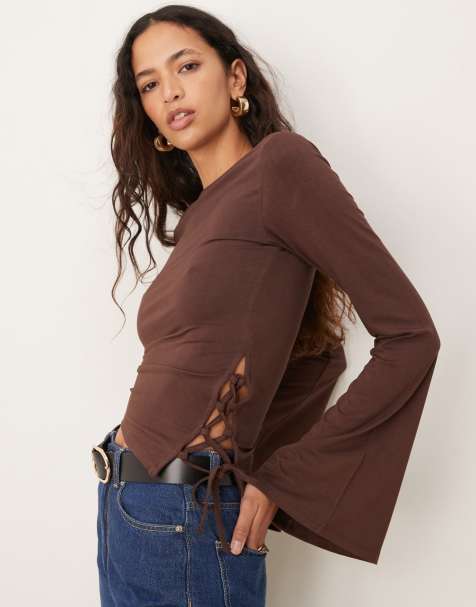 ASOS DESIGN – Chokladbrun, asymmetrisk topp med vida långa ärmar och sidoknytning - view 1